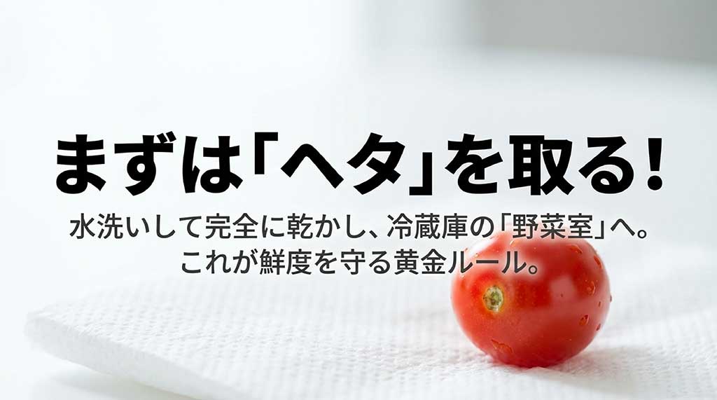 ヘタを取り、水洗い後に乾燥させて冷蔵庫の野菜室で保管するトマランタンの鮮度維持術