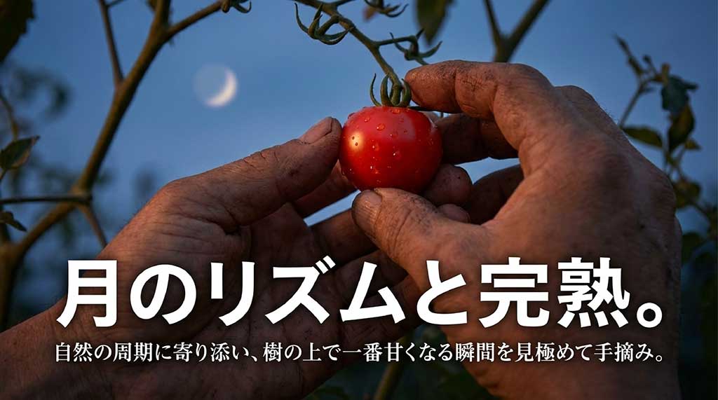 月の周期に合わせ、樹の上で完熟した瞬間に一粒ずつ手摘みするこだわりの栽培方法
