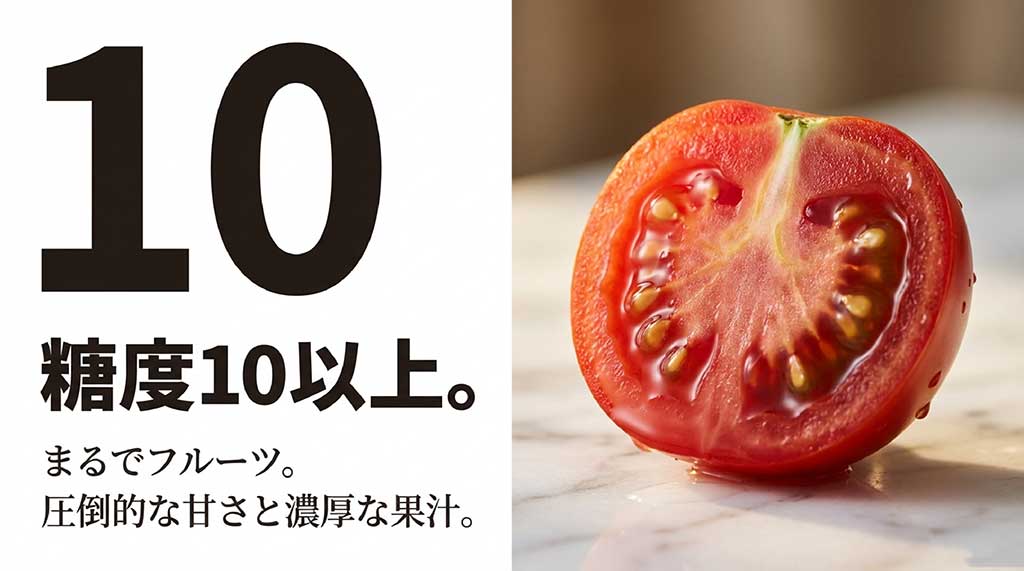 糖度10度以上でフルーツのような甘さと濃厚な果汁が特徴のトマランタン解説スライド