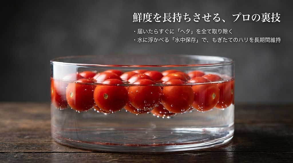 ヘタを取り除く処理や、水中保存でハリを長持ちさせるプロの裏技を解説したスライド