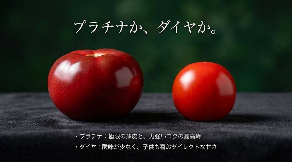 ソムリエミニトマトの2大品種、プラチナとダイヤの特徴比較スライド。最高峰のコクを持つプラチナと、甘みがダイレクトなダイヤの紹介