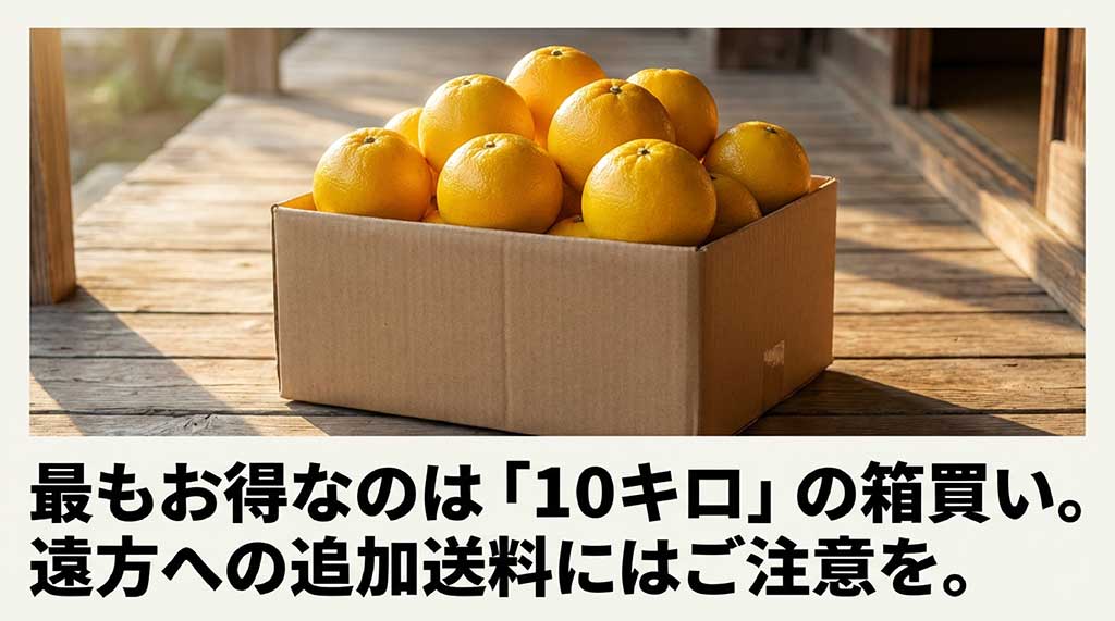 10キロの箱買いが最もお得であることと、遠方への送料への注意を促す画像