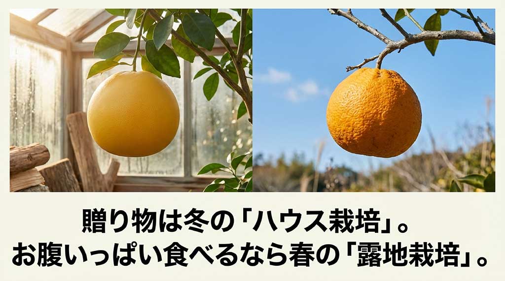 冬の贈り物に適したハウス栽培と、春にお腹いっぱい食べるのに適した露地栽培を比較する画像