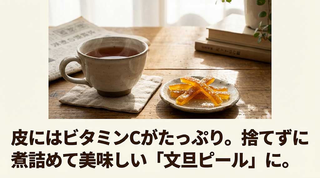 ビタミンCたっぷりの皮を捨てずに煮詰めて作る文旦ピールの紹介スライド