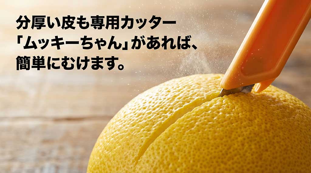 分厚い皮も専用カッター「ムッキーちゃん」があれば簡単に剥けることを紹介する画像