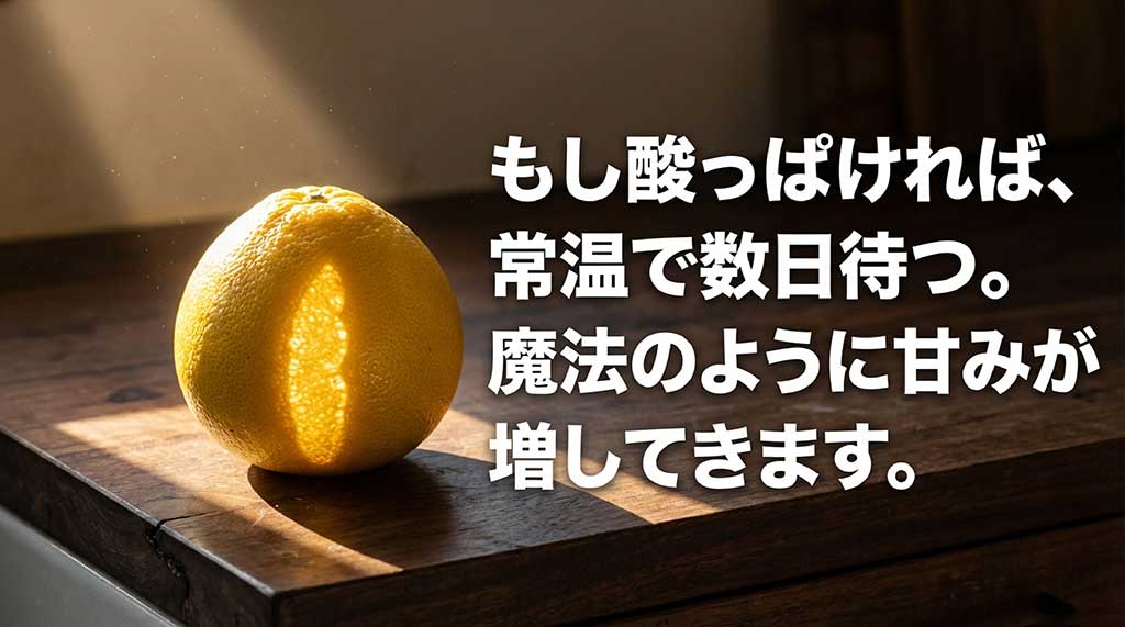 酸っぱい文旦を常温で数日待つことで甘みが増す追熟の効果を説明するスライド