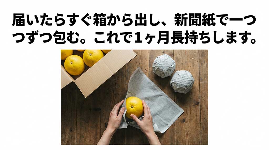 届いた文旦を新聞紙で一つずつ包み、1ヶ月長持ちさせる保存方法を説明する様子
