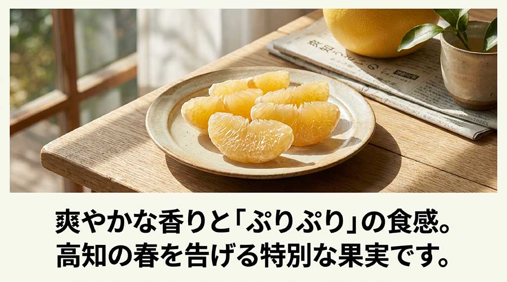 お皿に並べられた土佐文旦の果肉と、爽やかな香りとぷりぷり食感を説明するスライド