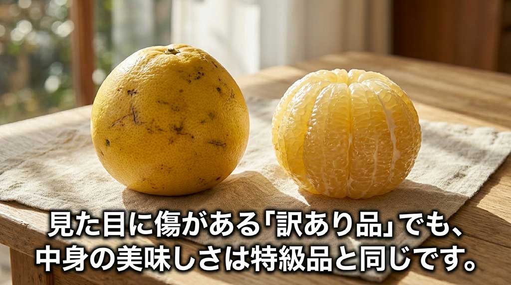 見た目に傷がある「訳あり品」でも中身の美味しさは特級品と同じであることを伝えるスライド
