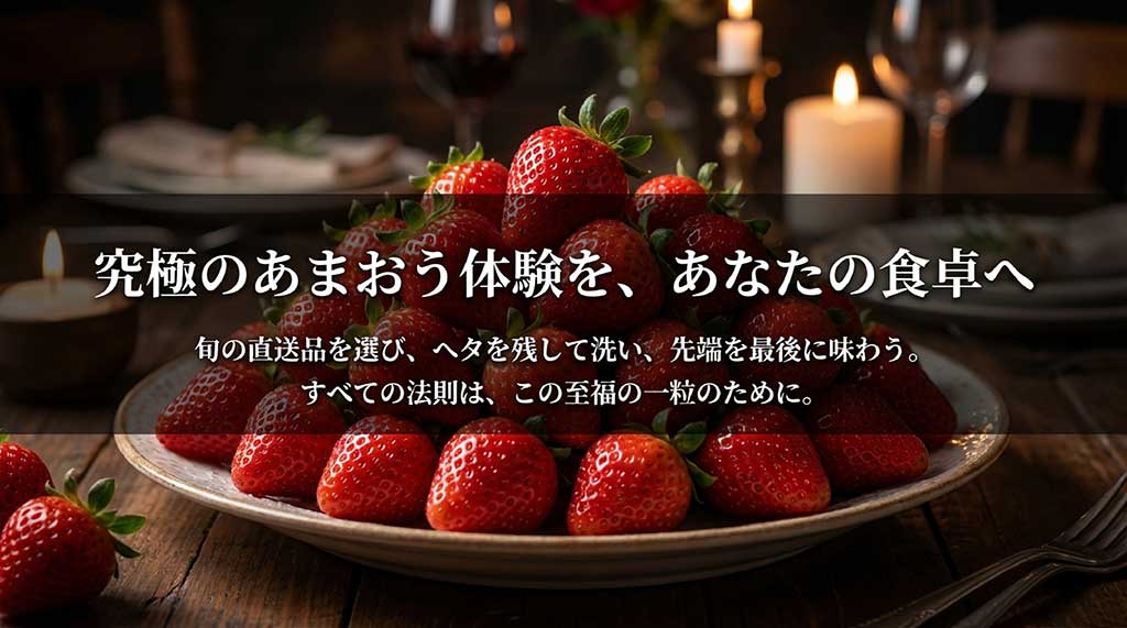 旬の直送品選び、ヘタを残して洗う、先端を最後に食べるという至福の一粒のための法則をまとめたスライド