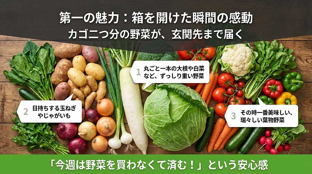 カゴ2つ分の野菜が玄関まで届くこと、丸ごと1本の重い野菜、日持ちする根菜、瑞々しい葉物野菜が含まれることを説明するスライド