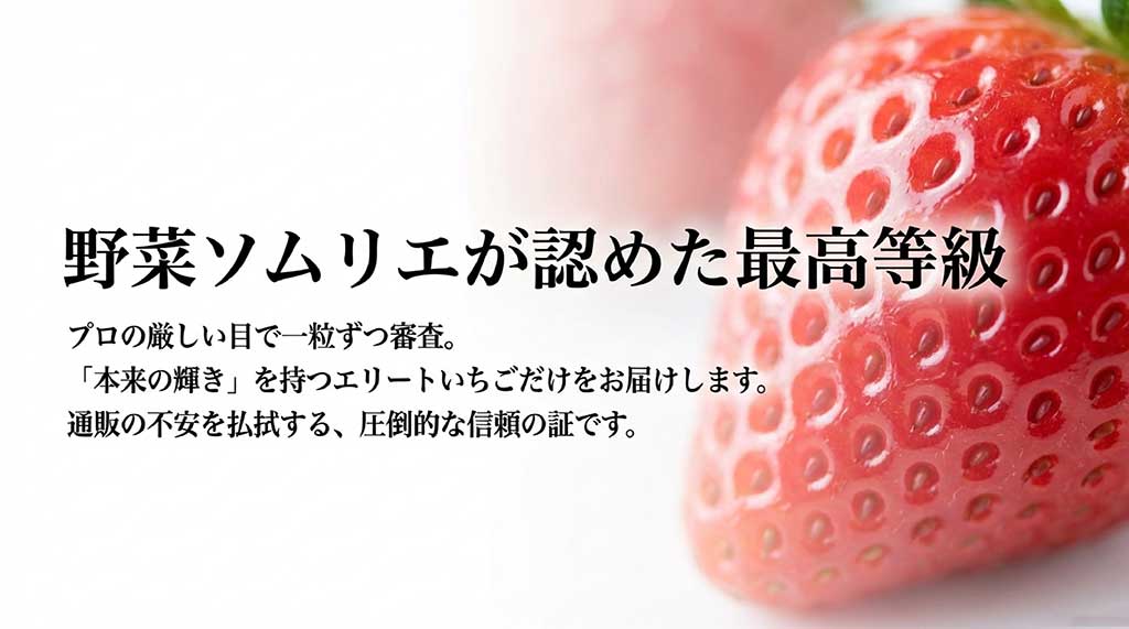 野菜ソムリエがプロの目で一粒ずつ審査した最高等級のいちごだけが届けられることを示すイメージ
