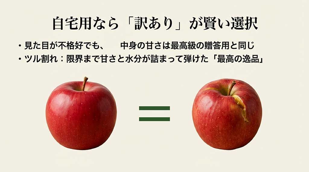 見た目が不格好でも甘さは最高級と同じであることや、甘さが詰まって弾けた「ツル割れ」が最高の逸品であることを示す画像