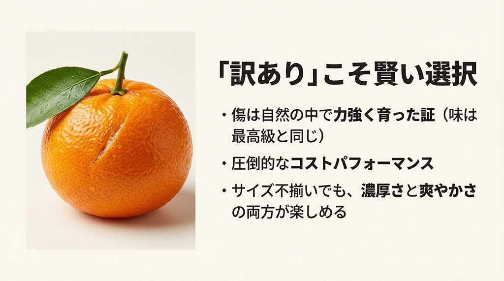 表面に少し傷があるが味は最高級と同じ愛媛みかんのアップ画像とメリットの解説