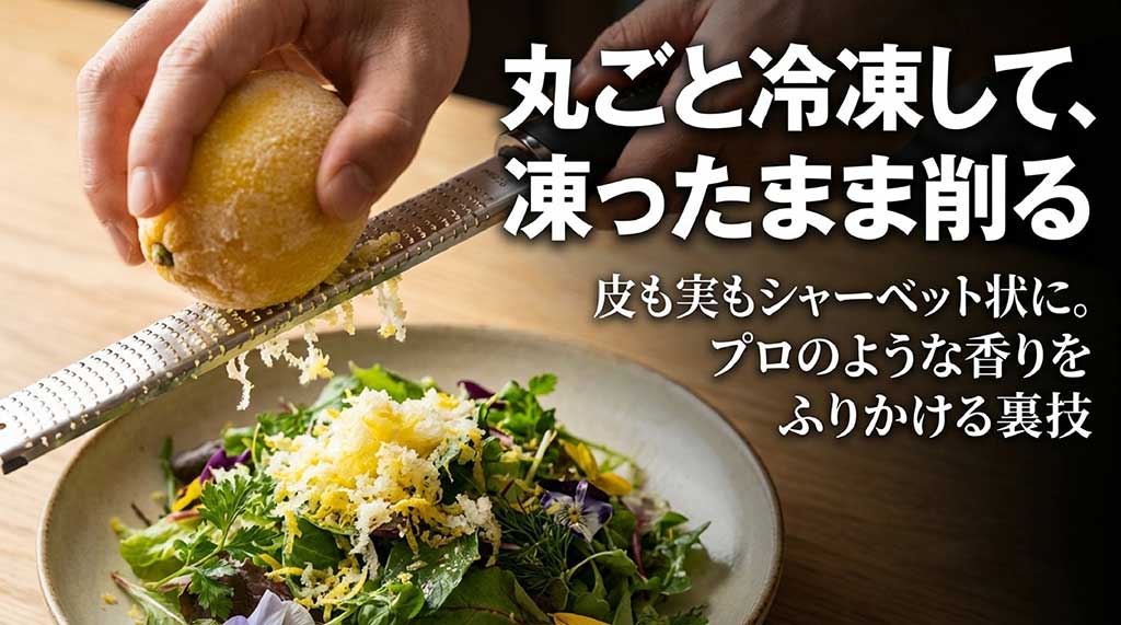 丸ごと冷凍したレモンを凍ったまま削り、皮も実もシャーベット状にして香りをふりかける裏技