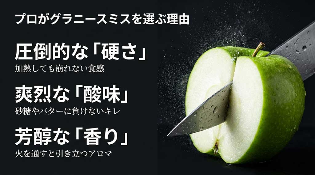 グラニースミスの特徴である圧倒的な硬さ、爽烈な酸味、芳醇な香りを解説するスライド