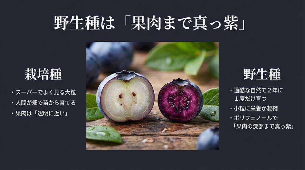 栽培種と野生種の断面の比較画像。栽培種は果肉が透明に近く 、野生種は果肉の深部まで真っ紫  であることを示しています