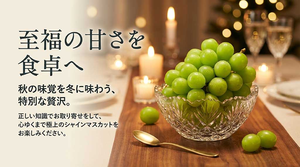 「至福の甘さを食卓へ」というメッセージと、正しい知識で極上のシャインマスカットを楽しむよう促す結びのスライド