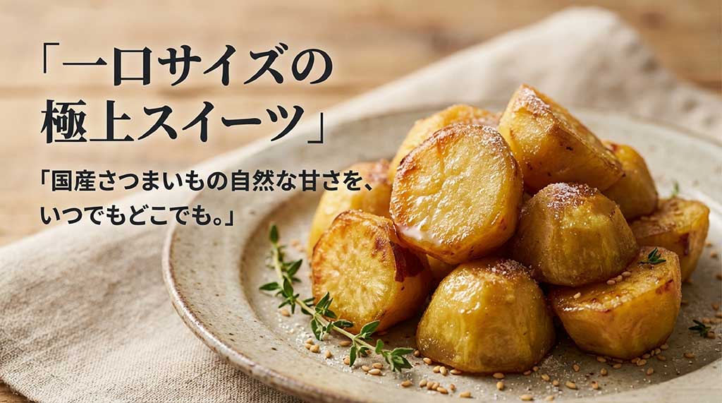 東甘堂の「やきいもころころ」を紹介するスライド。一口サイズの極上スイーツで、国産さつまいもの自然な甘さが楽しめると記載されています