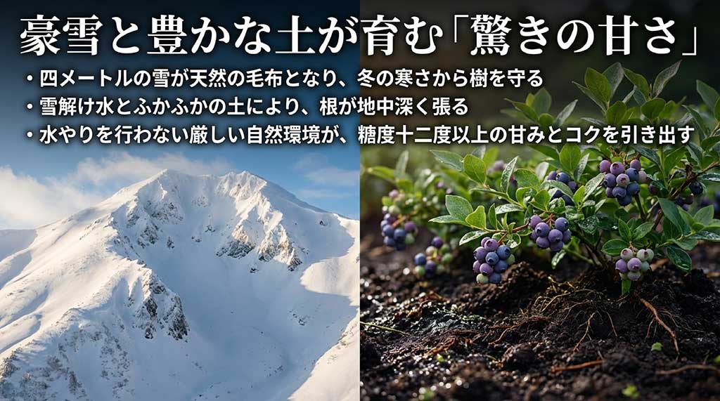 豪雪と豊かな土が育む驚きの甘さの理由として、4メートルの雪、雪解け水、無灌水栽培による糖度12度以上の仕組みを説明する図解