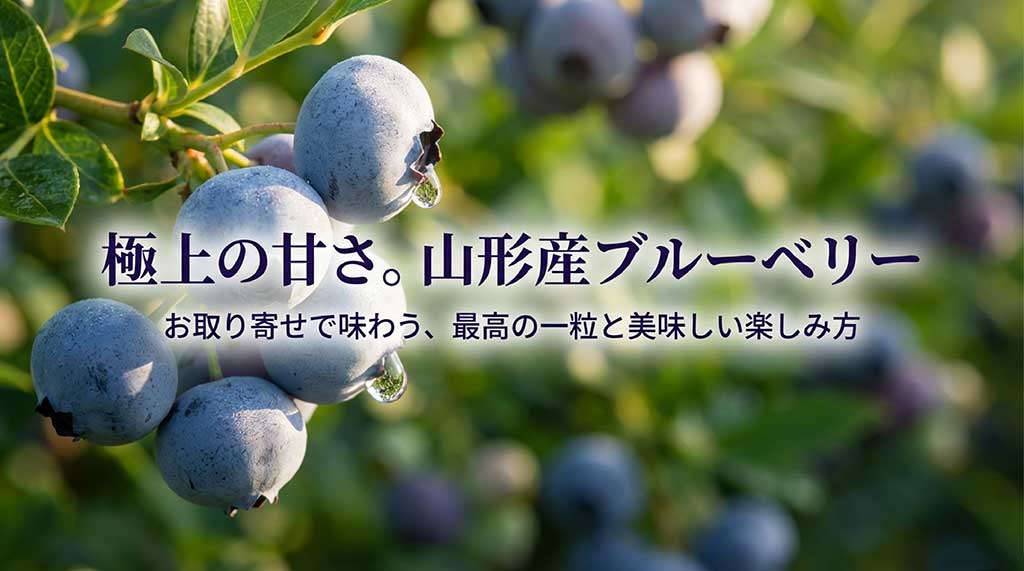 山形産ブルーベリーのアップ写真とともに「極上の甘さ。山形産ブルーベリー お取り寄せで味わう、最高の一粒と美味しい楽しみ方」と書かれたメインビジュアル