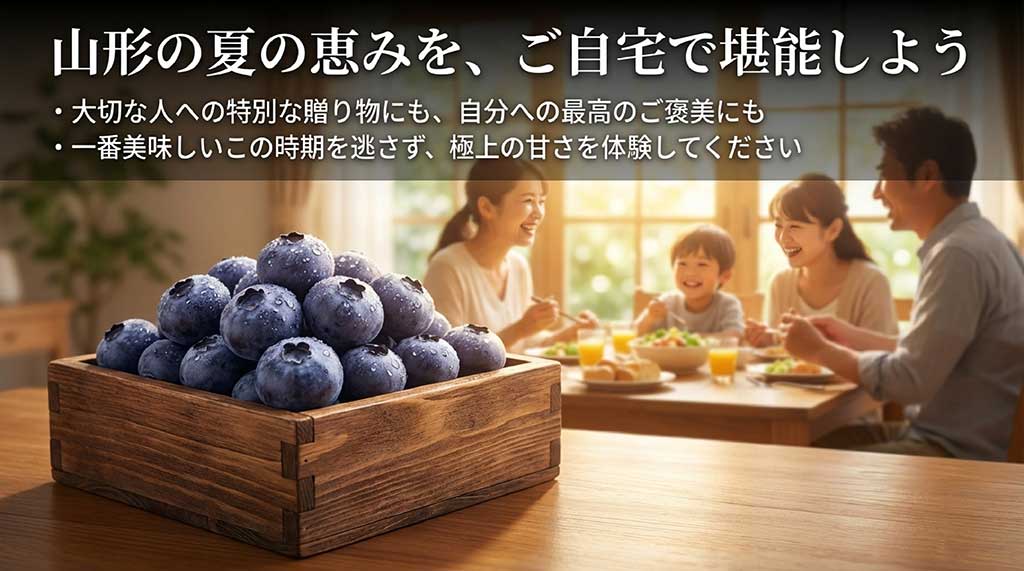 山形の夏の恵みを自宅で堪能しよう。贈り物や自分へのご褒美に、旬の極上の甘さを体験してくださいというメッセージ