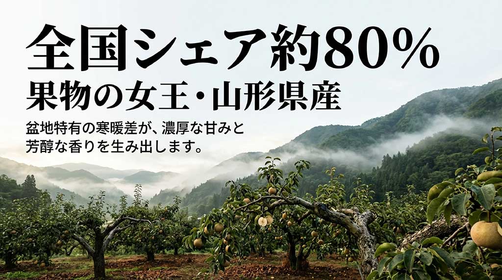 日本のラ・フランス生産量の約80％を占める山形県の特徴を紹介するグラフ