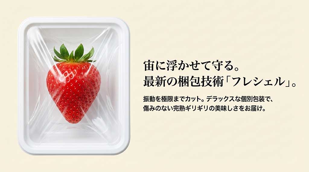 いちごを宙に浮かせて振動から守る最新の梱包技術「フレシェル」のデラックス個別包装