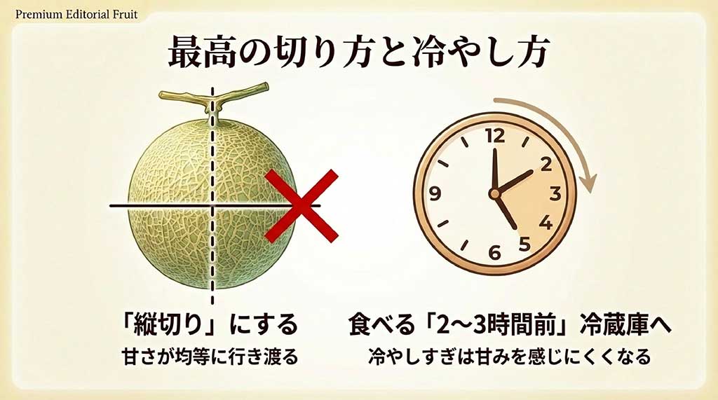 甘さが均等になる「縦切り」の方法と、食べる2〜3時間前に冷蔵庫で冷やすのがベストであることを示す図解
