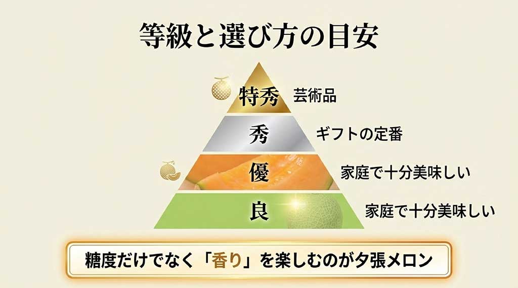 特秀(芸術品)、秀(ギフト定番)、優・良(家庭用)の4段階の等級と、糖度だけでなく香りを楽しむ特徴を解説するスライド