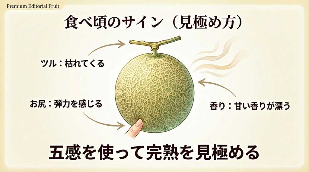 ツルが枯れてくる、お尻に弾力を感じる、甘い香りが漂うという、五感を使った完熟の見極め方を解説するイラスト