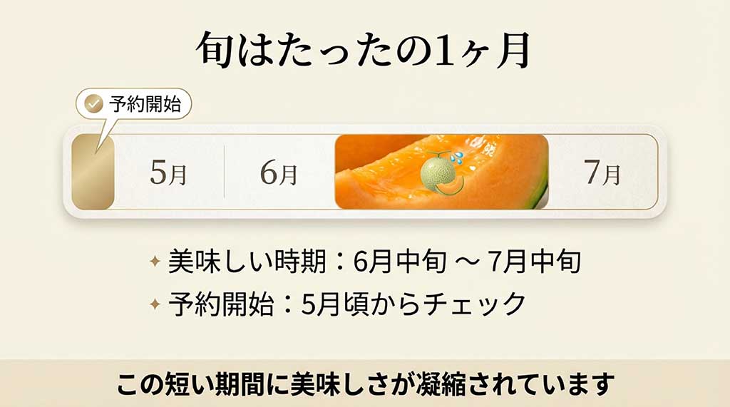 夕張メロンの旬は6月中旬から7月中旬のわずか1ヶ月であることと、5月頃からの予約開始を説明する図解