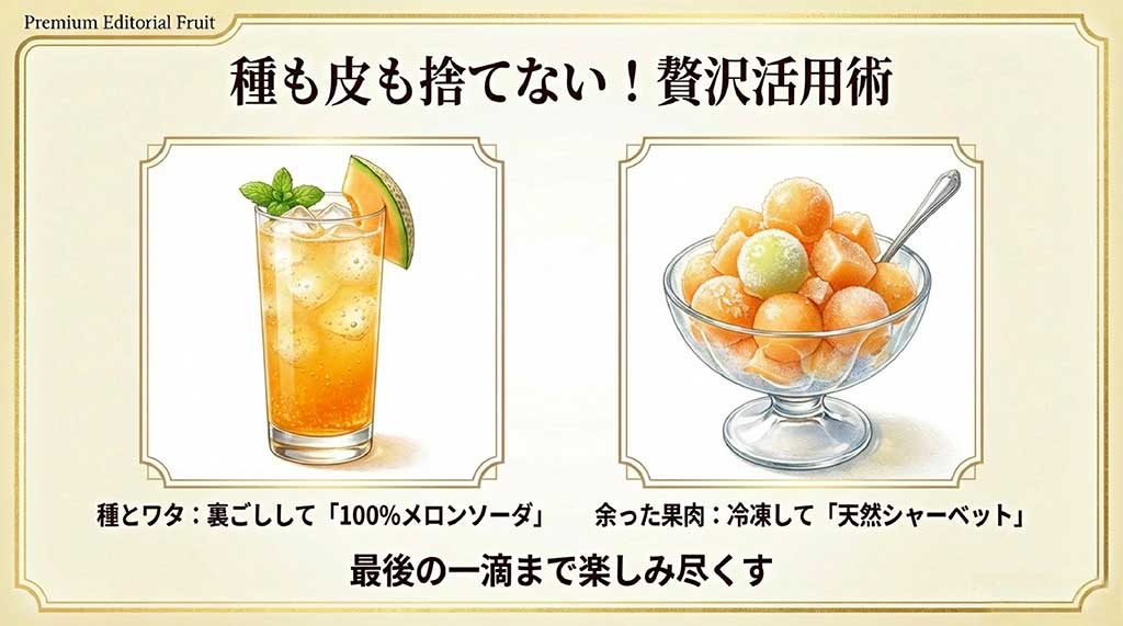 種とワタを裏ごしした100%メロンソーダや、余った果肉を凍らせた天然シャーベットなど、最後の一滴まで楽しむ活用術のスライド