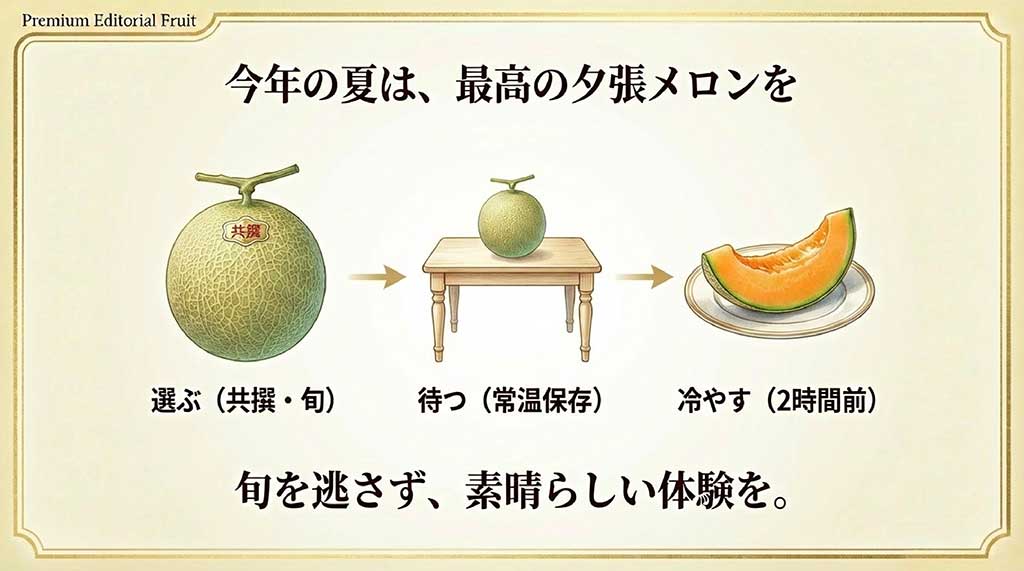 選ぶ(共撰・旬)、待つ(常温保存)、冷やす(2時間前)という、夕張メロンを最高に楽しむためのポイントをまとめた最終スライド