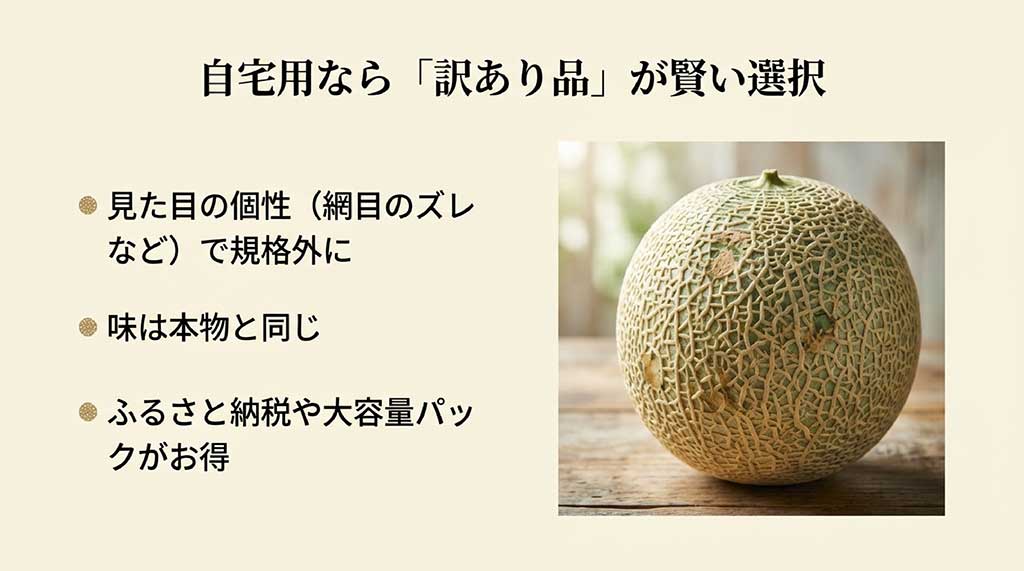 網目のズレなどの見た目の個性で規格外になったが味は本物と同じ「訳あり品」が、自宅用やふるさと納税でお得であることを示すスライド