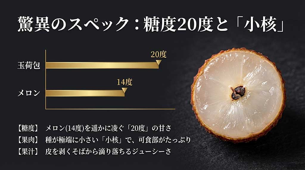 玉荷包のスペック解説。メロン（糖度14度）を凌ぐ糖度20度の甘さ、種が小さい「小核」によるたっぷりの可食部、滴る果汁について