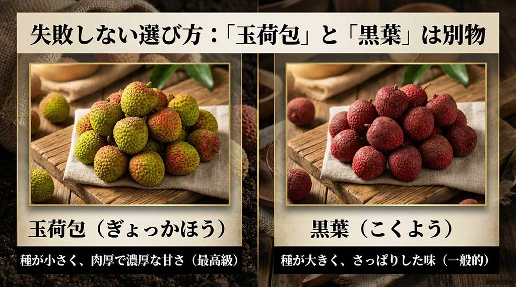 最高級の玉荷包（種が小さく肉厚で濃厚）と、一般的な黒葉（種が大きくさっぱり味）の比較