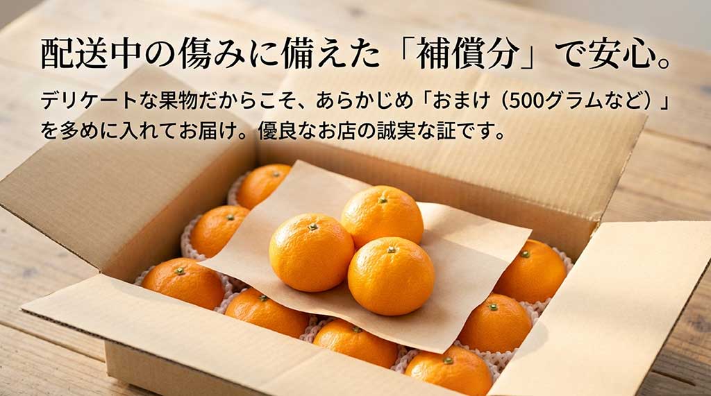配送中の傷みに備え、あらかじめ数パーセント分を多く入れて届ける誠実な補償制度