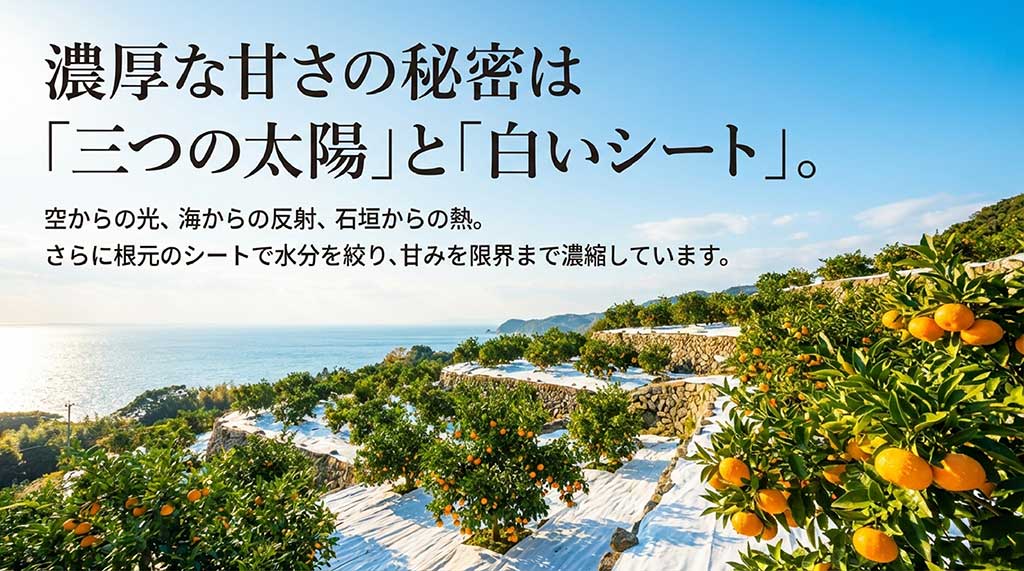 空・海・石垣からの光と、水分を絞る白いマルチシートで甘みを凝縮する仕組み空・海・石垣からの光と、水分を絞る白いマルチシートで甘みを凝縮する仕組み