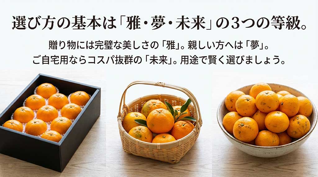 完璧な美しさの「雅」、親しい人への「夢」、家庭用の「未来」という3つの等級の選び方