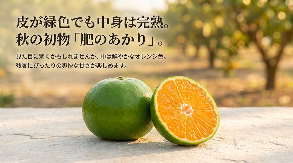 皮が緑色でも中身は鮮やかなオレンジ色で完熟している、極早生品種「肥のあかり」の解説