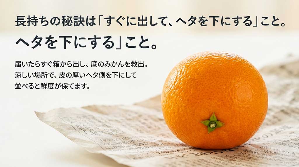届いたらすぐに箱から出し、皮の厚いヘタ側を下にして並べて保存する長持ちの秘訣