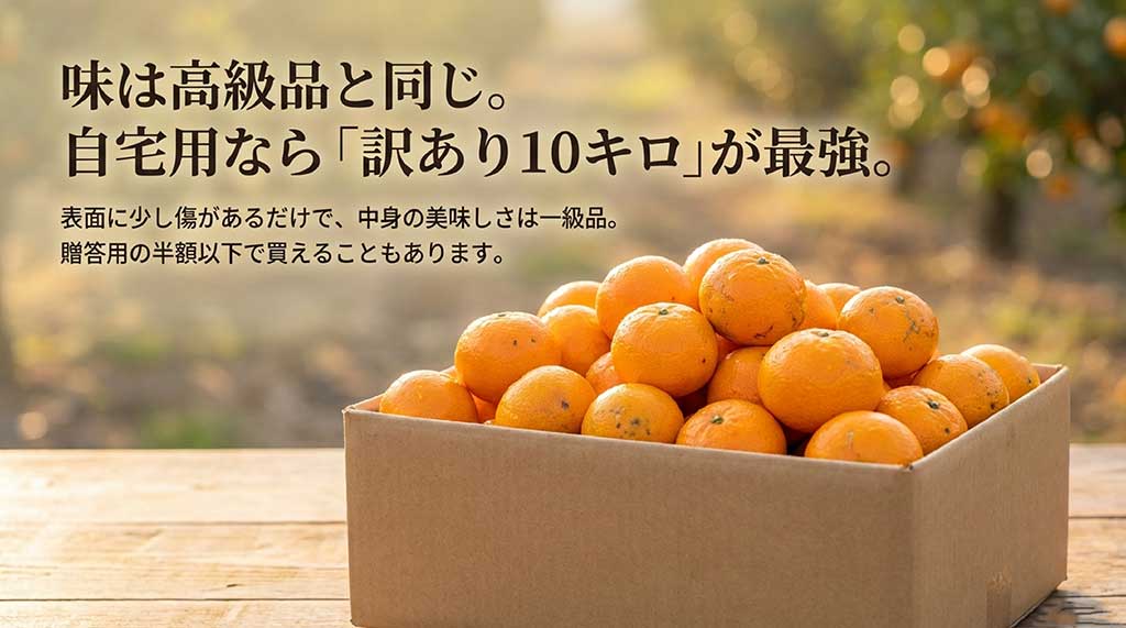 表面の傷だけで味は高級品と同じ、贈答用の半額以下で買えることもあるお得な訳あり品