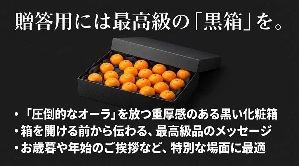 重厚感のある黒い化粧箱(黒箱)に入った、贈答用に最適な最高級祐徳みかんのパッケージ画像