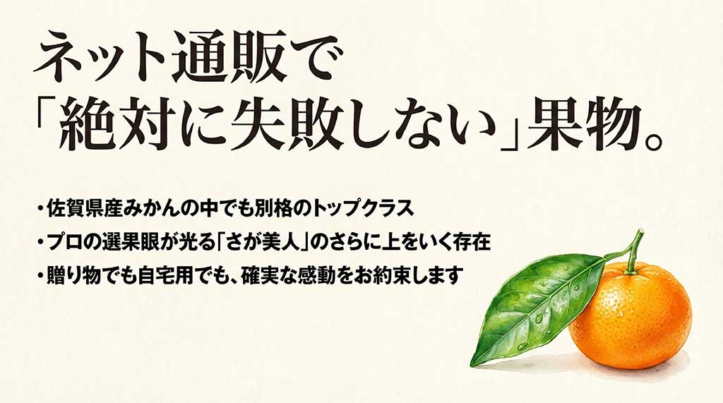 佐賀県産みかんのトップクラス、祐徳みかんの特徴(糖度13度以上、さが美人以上の品質)を説明するスライド画像