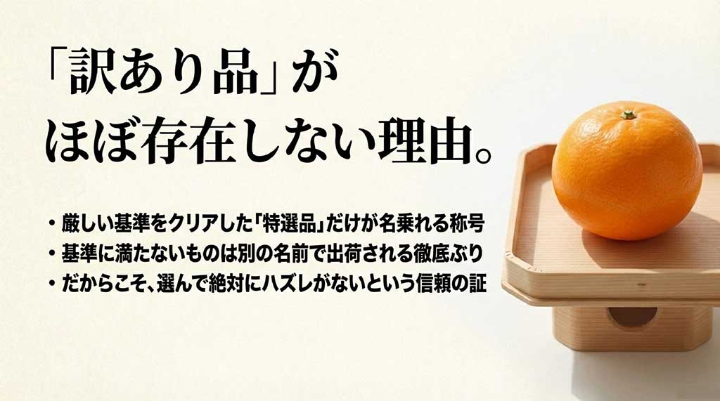厳しい基準をクリアした特選品のみが祐徳みかんを名乗れるため、訳あり品がほぼ存在しない理由を説明する画像