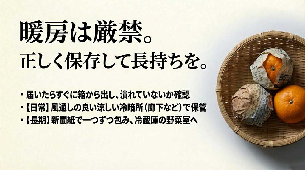 暖房を避け、涼しい場所や冷蔵庫の野菜室で保管する祐徳みかんの正しい保存方法を図解したスライド