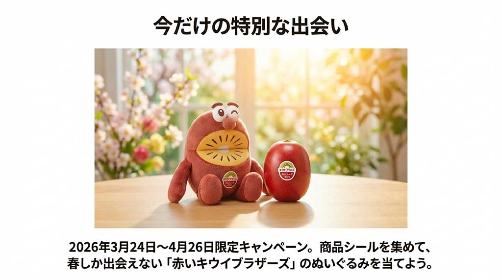 2026年3月24日から4月26日まで開催される、赤いキウイブラザーズのぬいぐるみが当たるキャンペーンの告知画像