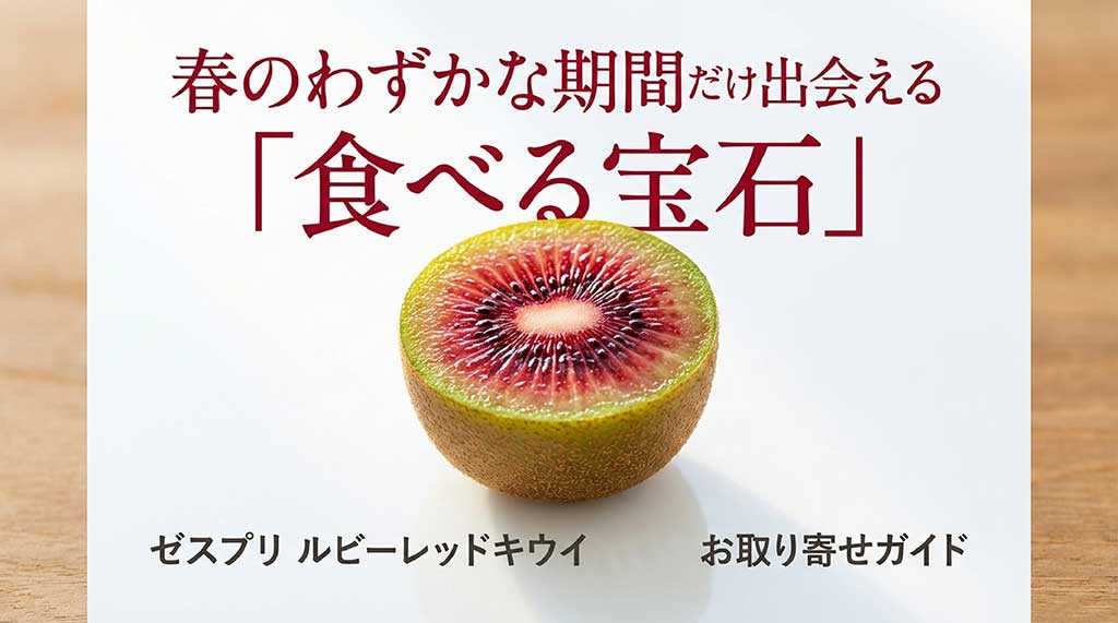 ゼスプリ・ルビーレッドキウイの公式お取り寄せガイドの表紙。春のわずかな期間だけ販売される「食べる宝石」というキャッチコピー